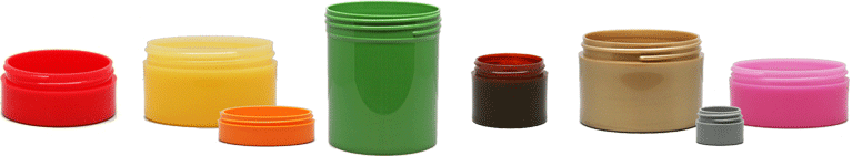 Parkway Plastics jars in custom colors of red, yellow, orange, green, maroon, gold, gray and pink.